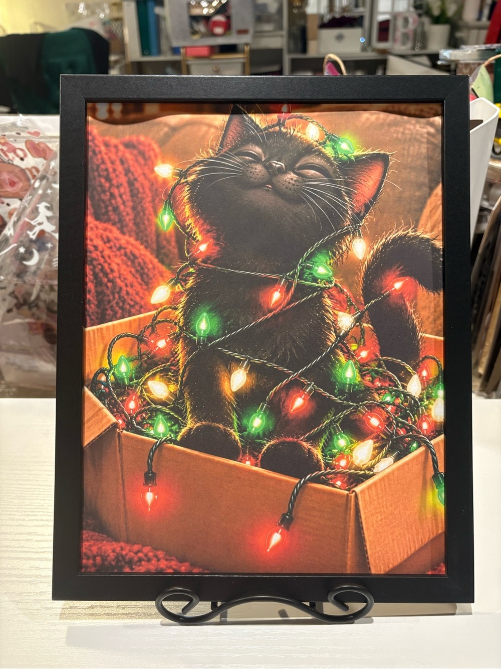 Festive Black Cat Holiday Wall Art - Framed 8x10 Print
